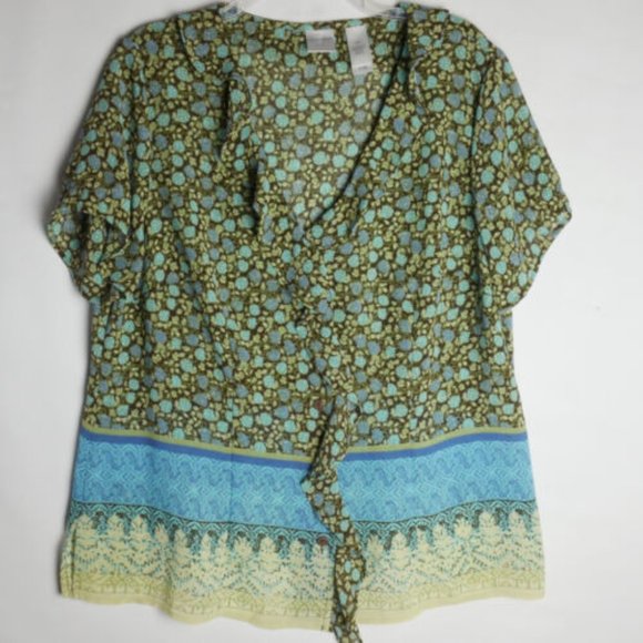 Emma James Womens Size 14W Green Floral Print Rouffle Blouse Button Up - Picture 1 of 11